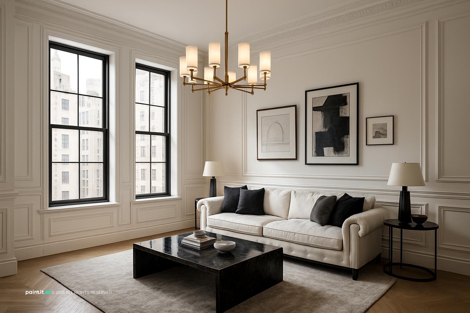 White Wainscoting Living Room Design with daylight and rug and a calm living room atmosphere.