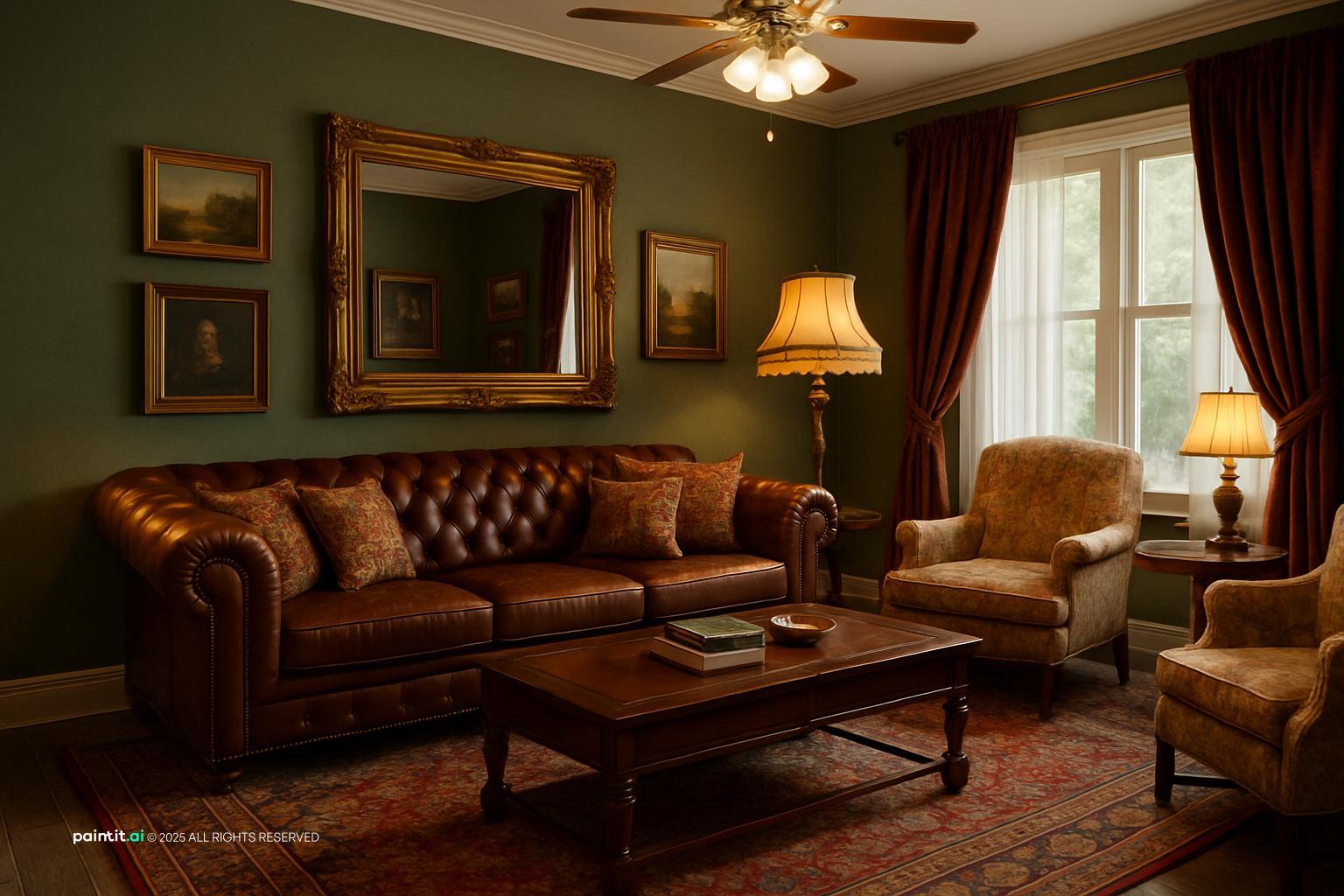 Traditional living room with a brown leather Chesterfield, olive walls, a gilded mirror and oil paintings