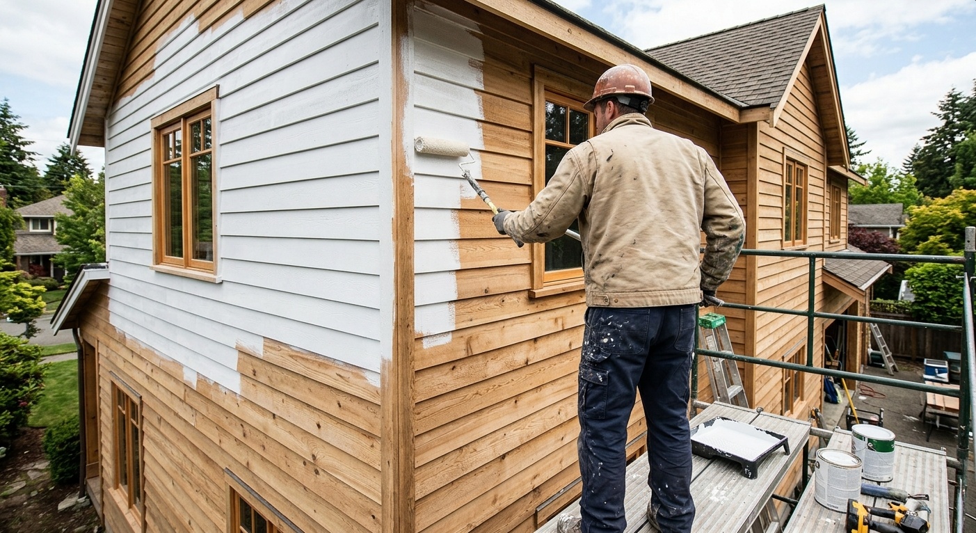 Wide shot of a contractor applying primer with a roller to bare cedar wood siding on a house exterior  