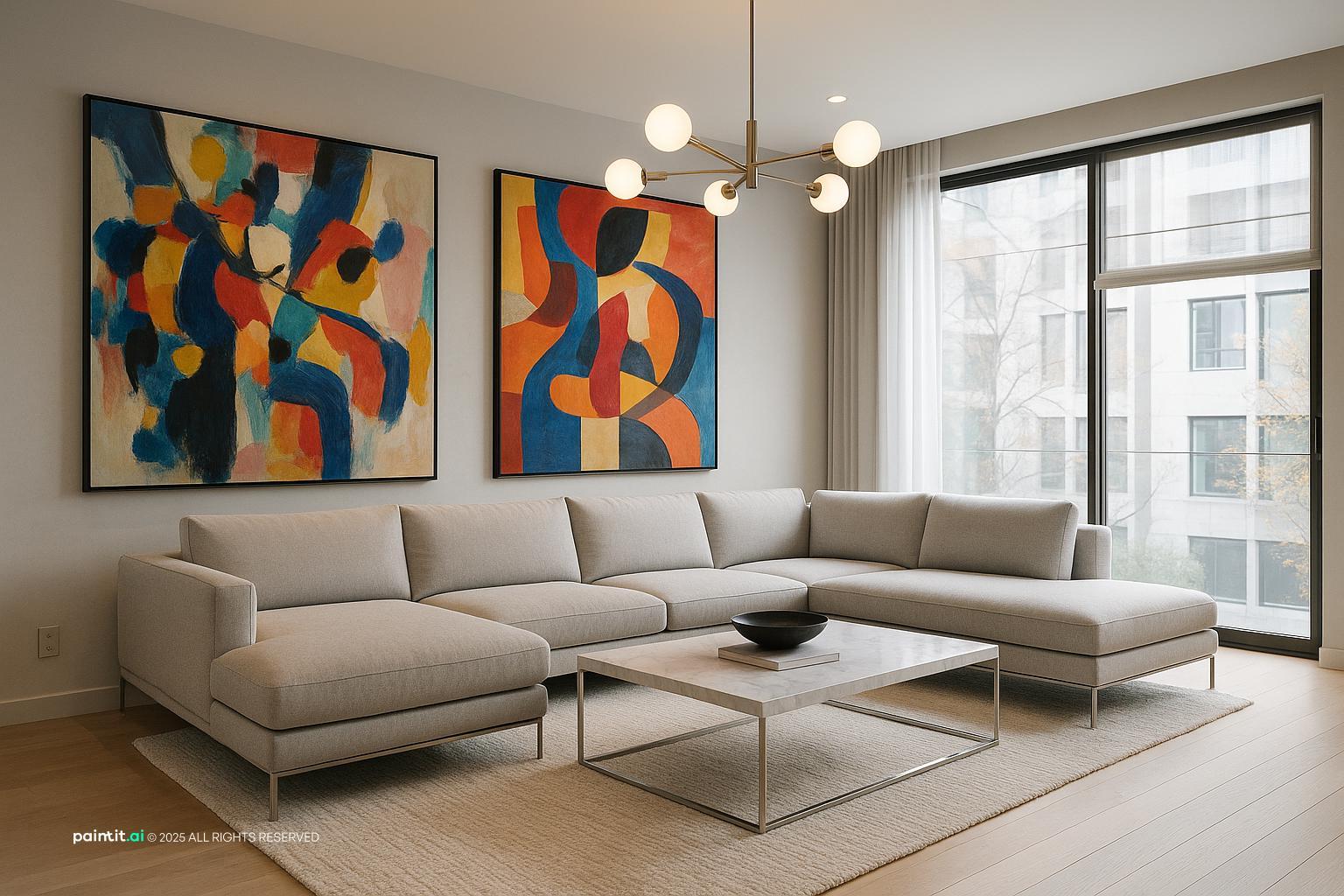 1950s living room with natural textures and a calm living room atmosphere with 1950s restraint.