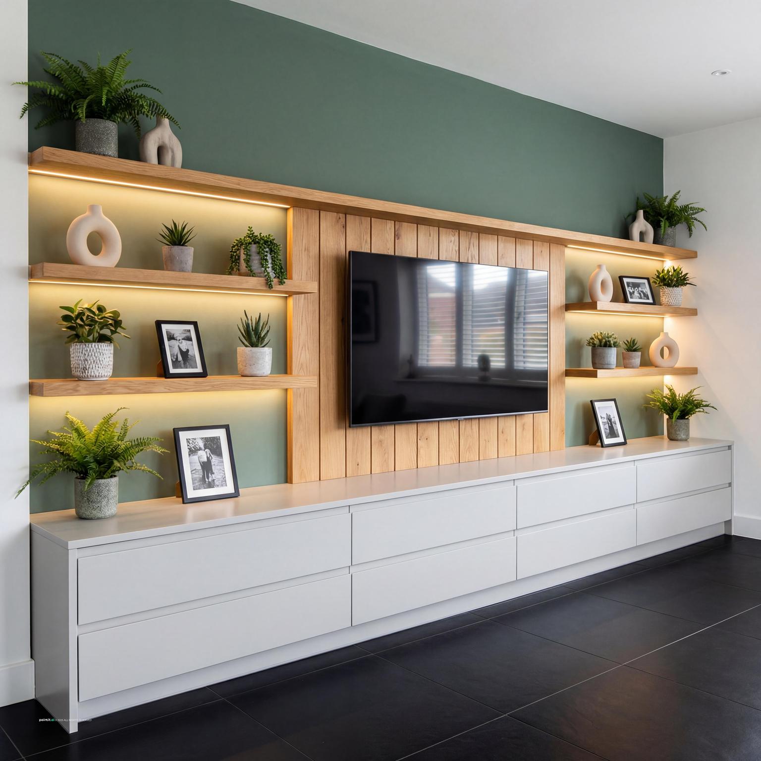 Stylish modern living room featuring a custom built-in TV unit design with integrated shelving, closed cabinetry, and ambient lighting.