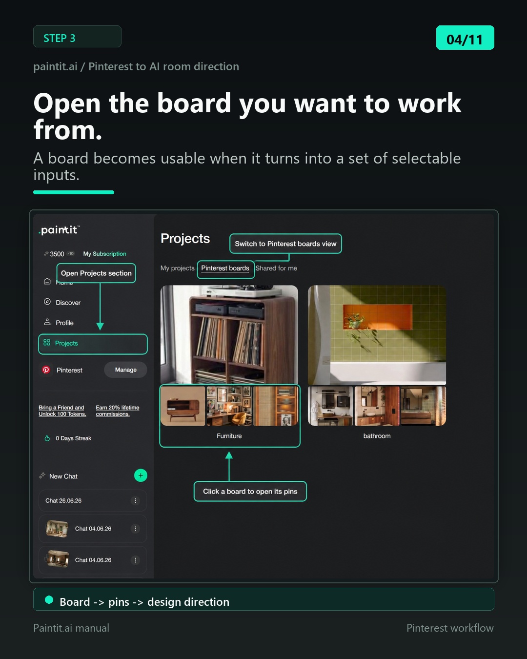 Paintit.ai Projects screen showing Pinterest boards opened as selectable sources for room design.