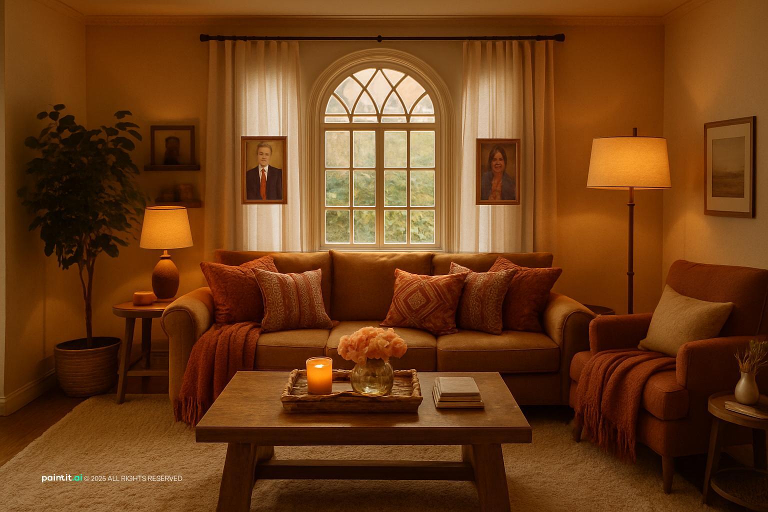 Earthy living room with rust sofas, an arched window, warm lamps and a wooden table