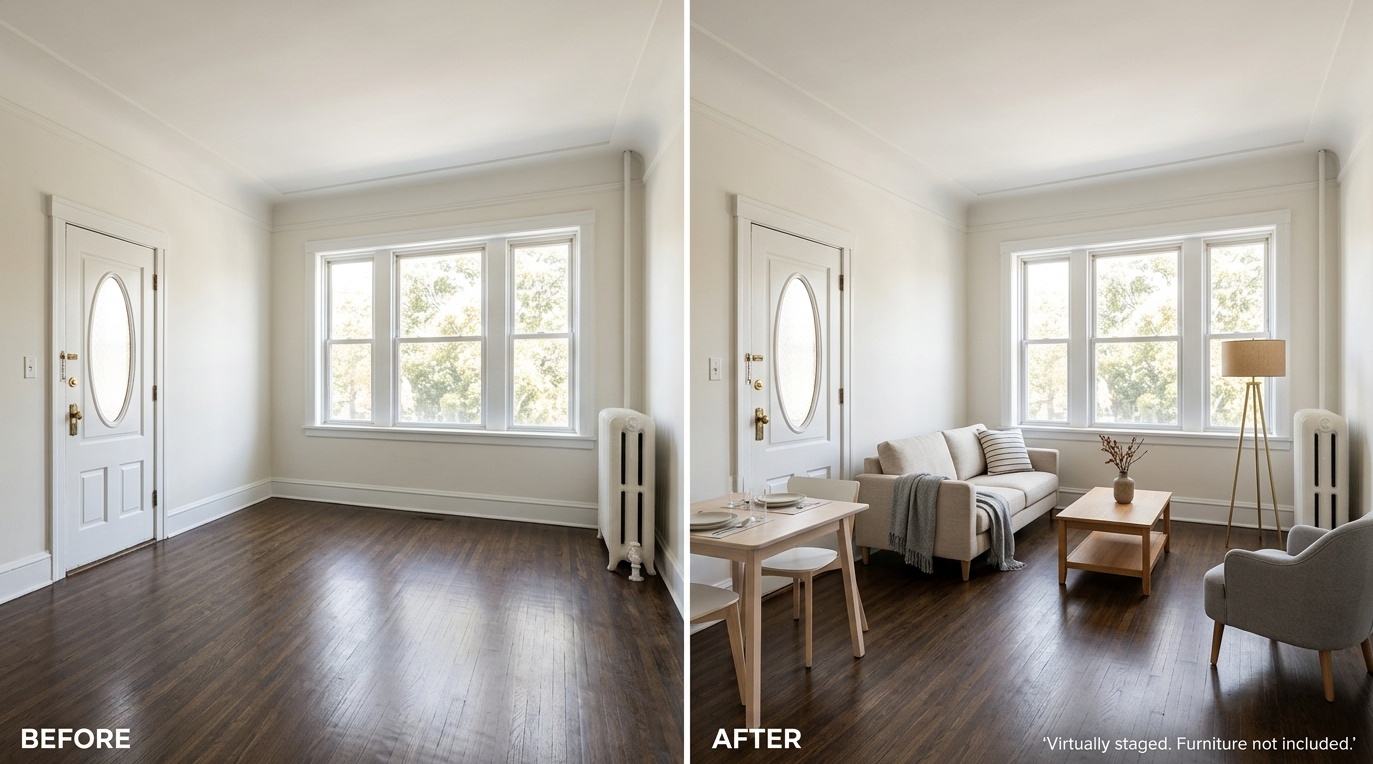 Before-and-after comparison of an empty rental living room and a virtually staged version with neutral furniture