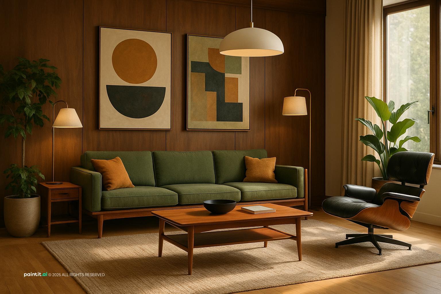 1950s Living Room Design with daylight and lighting and a calm living room atmosphere.