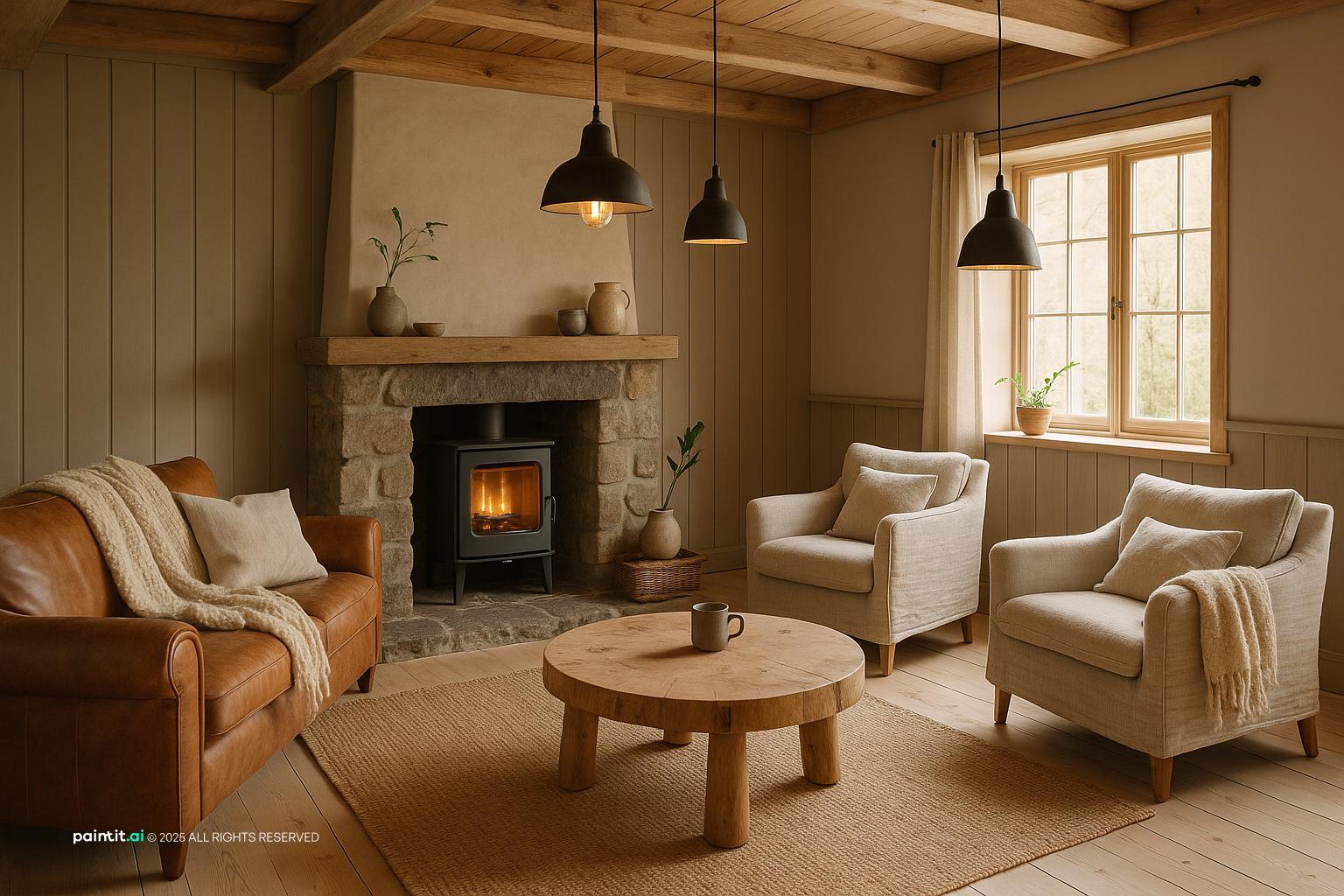 Rustic Scandinavian living room with wood-beamed ceiling, paneled walls, a wood stove and cognac leather armchairs