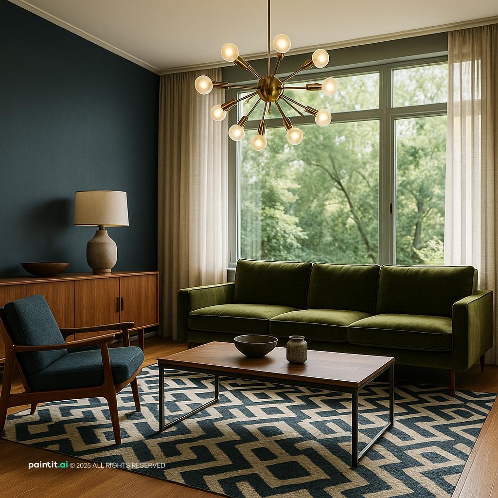 Midcentury Modern living room update for a Yemeni home, blending classic and contemporary elements.