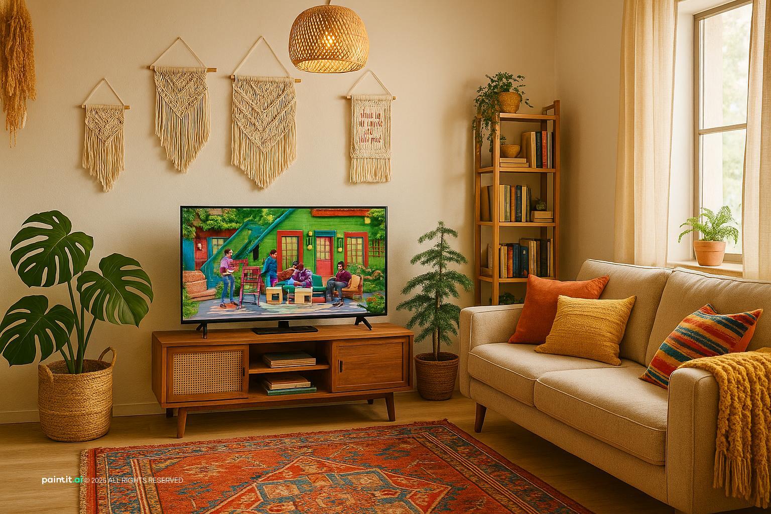 Boho living room with several macramé hangings, a cream sofa and a TV