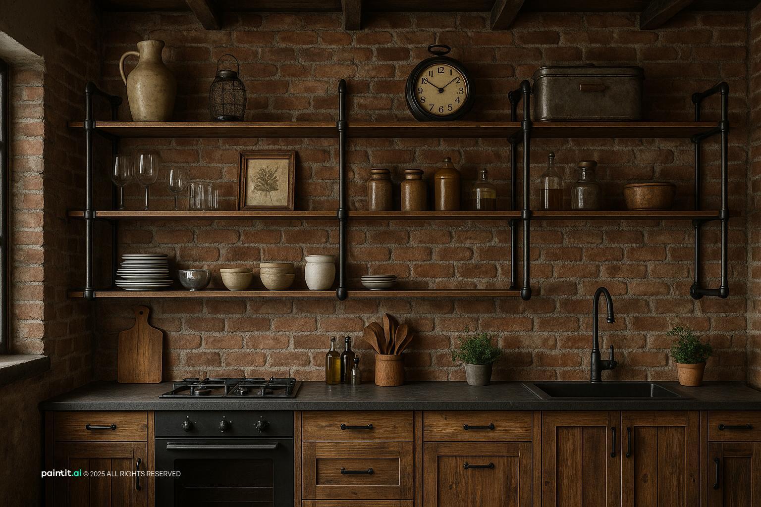 Industrial kitchen with exposed brick, open steel and wood shelving and vintage accessories