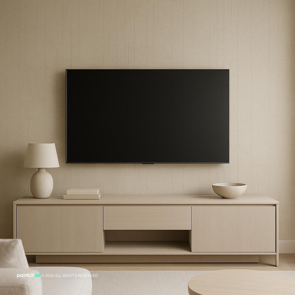 Modern living room design featuring textured wallpaper, an excellent visual strategy for how to fill empty space and add depth to walls.
