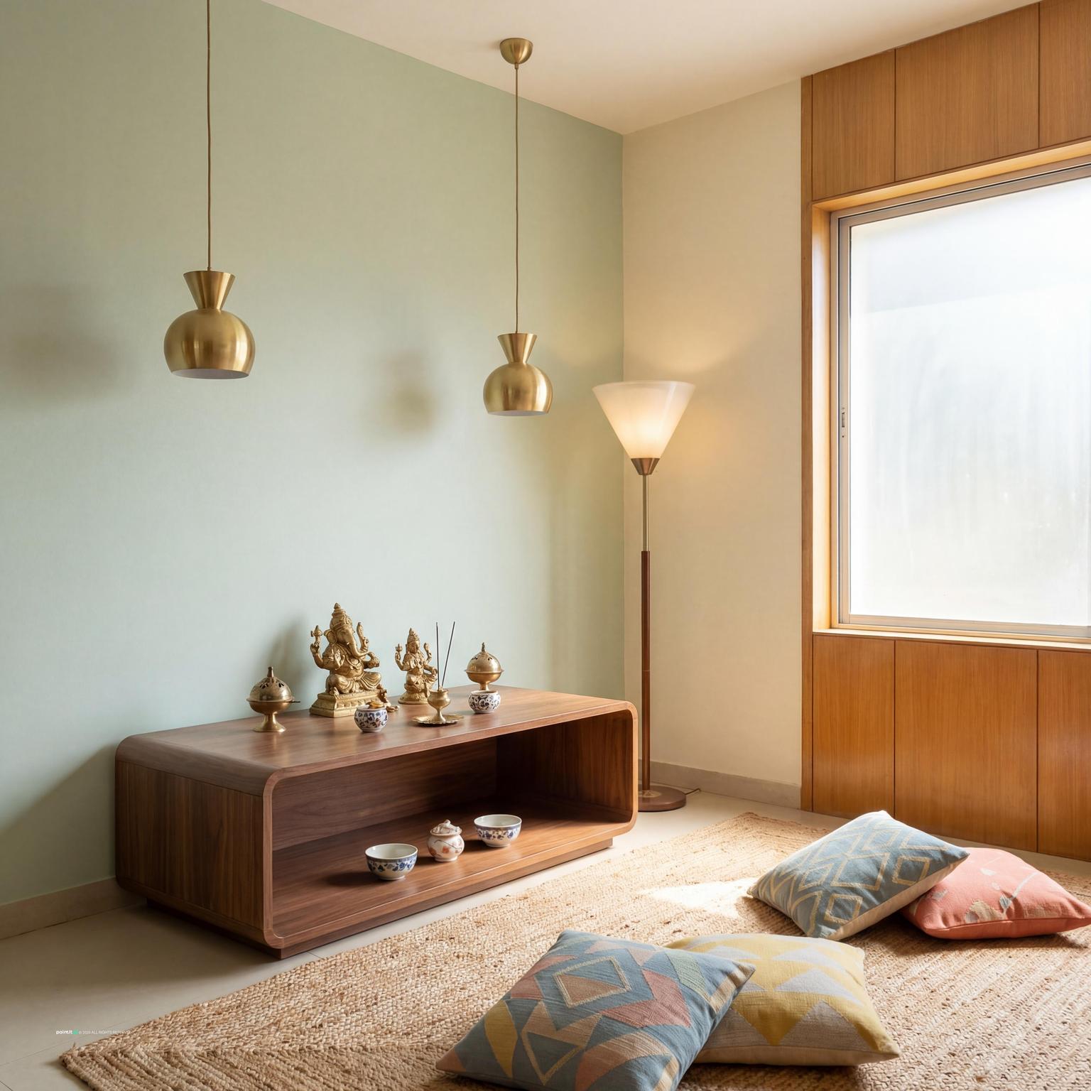 Pooja Room with glass accents and layered decor