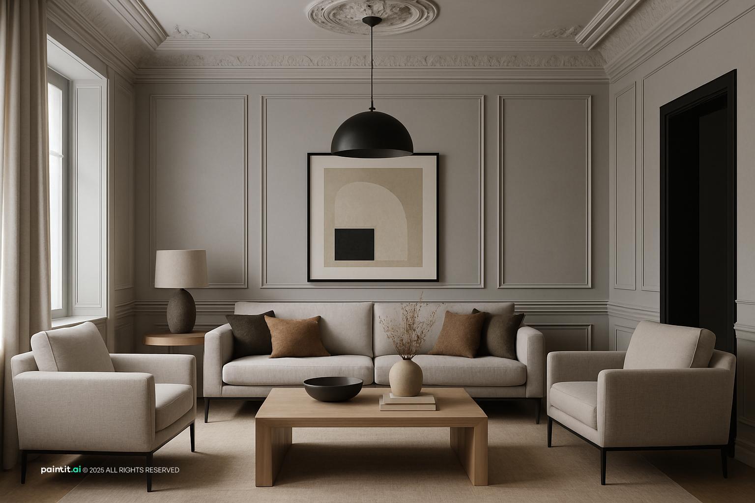 Classic living room with gray molded walls, beige sofas, a black pendant light and a large abstract print