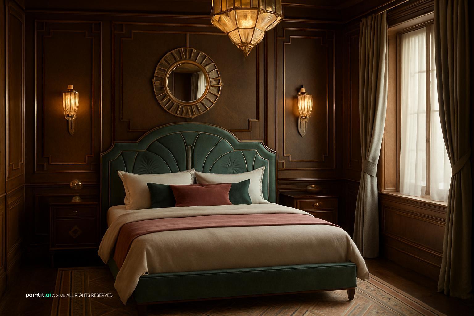 Art Deco bedroom with dark wood paneling, a green velvet fan headboard, a sunburst mirror and a chandelier