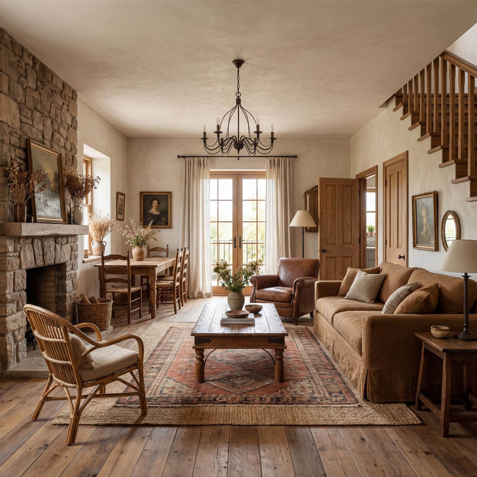 Warm rustic 70s inspired living room design ideas, featuring natural materials, deep colors, and a comforting, earthy atmosphere.