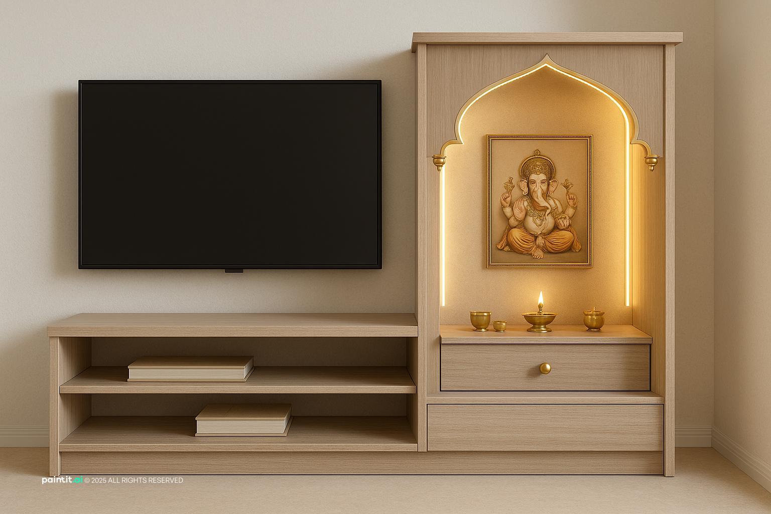 Pooja Room with statement wall art and framed artwork