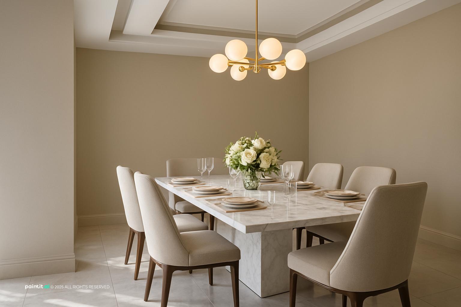 Dining room with white marble table and refined Italian material direction