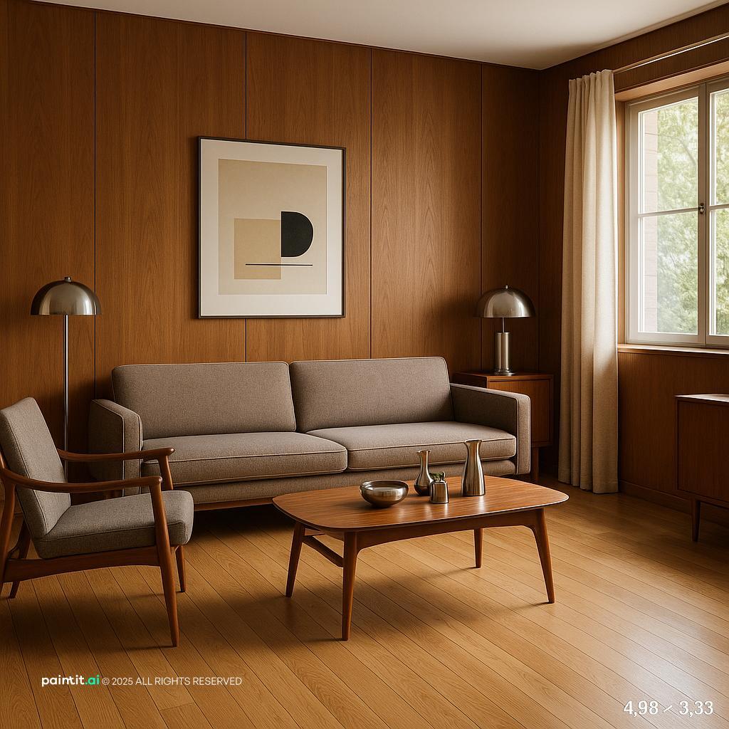 Stylish 1950s living room design featuring classic mid-century furniture, warm wood tones, and inviting textures.