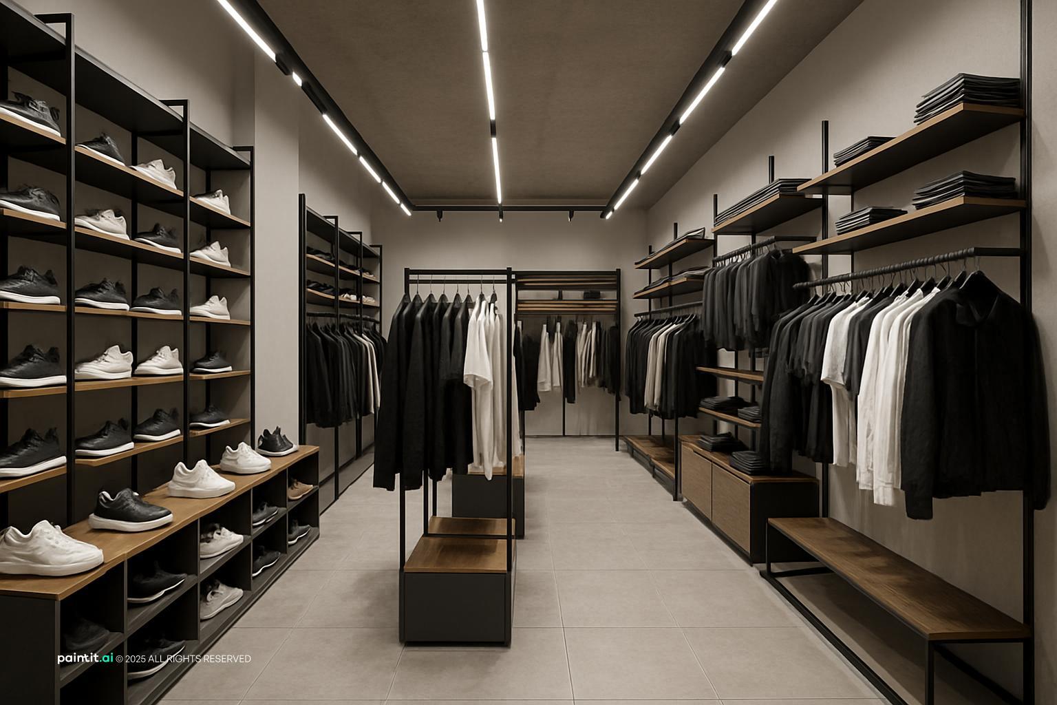 Modern clothing and footwear store with black metal shelving for shoes and rails of clothing