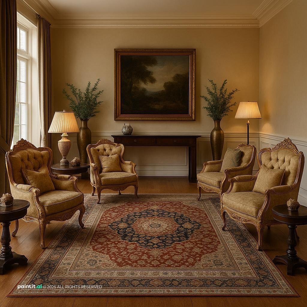 Elegant luxury classic living room design with royal armchairs, opulent fabrics, and refined details for a truly regal atmosphere.