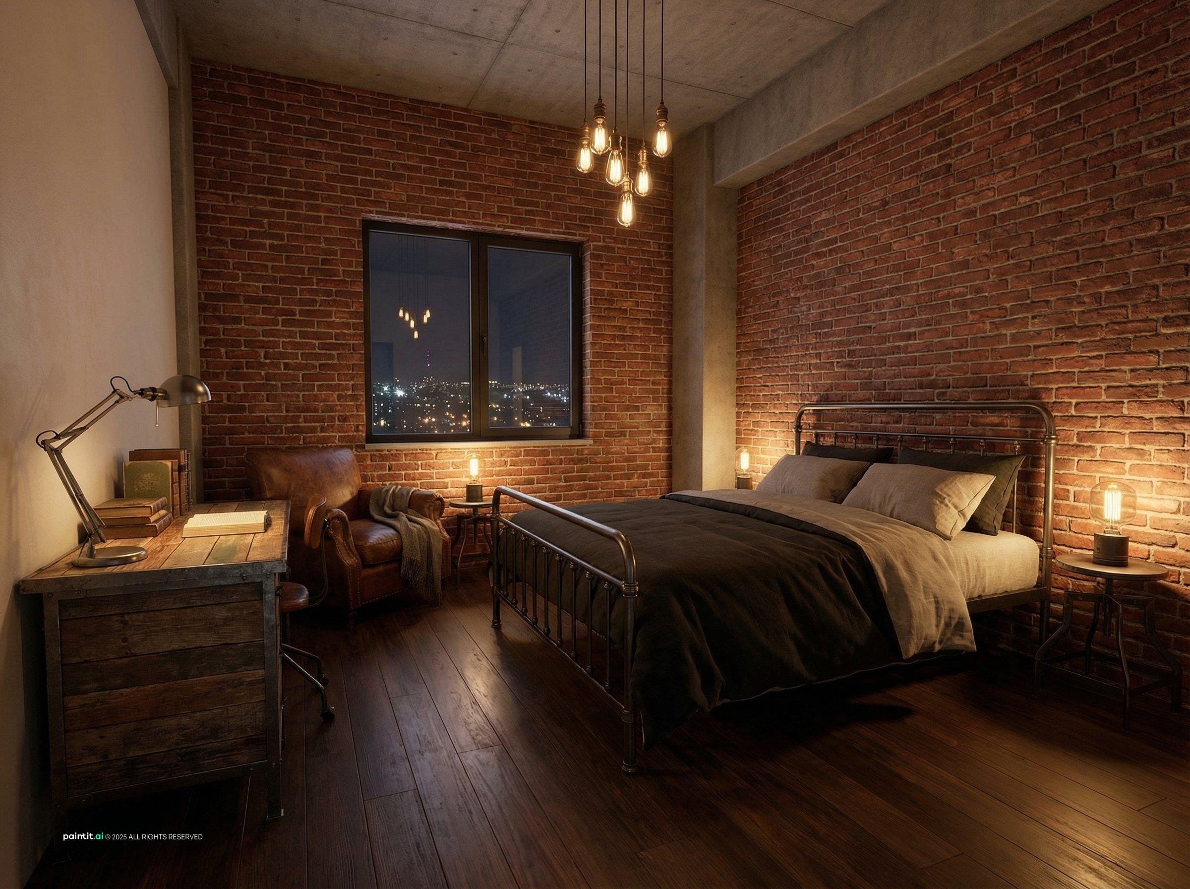 Industrial bedroom with a brick wall, a metal bed frame, a leather armchair and Edison bulb lights