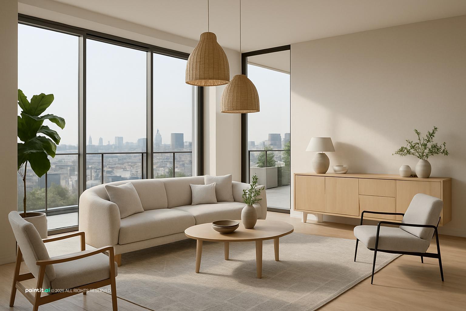 Luxury Scandinavian Living Room with City Views, reimagined with an 80s luxury aesthetic.
