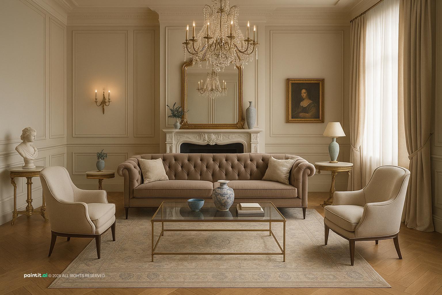 Elegant Neoclassical Living Room Design 1950s living room