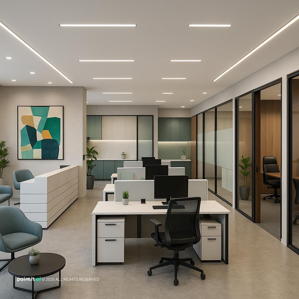 Contemporary office lobby with reception and workspace zones
