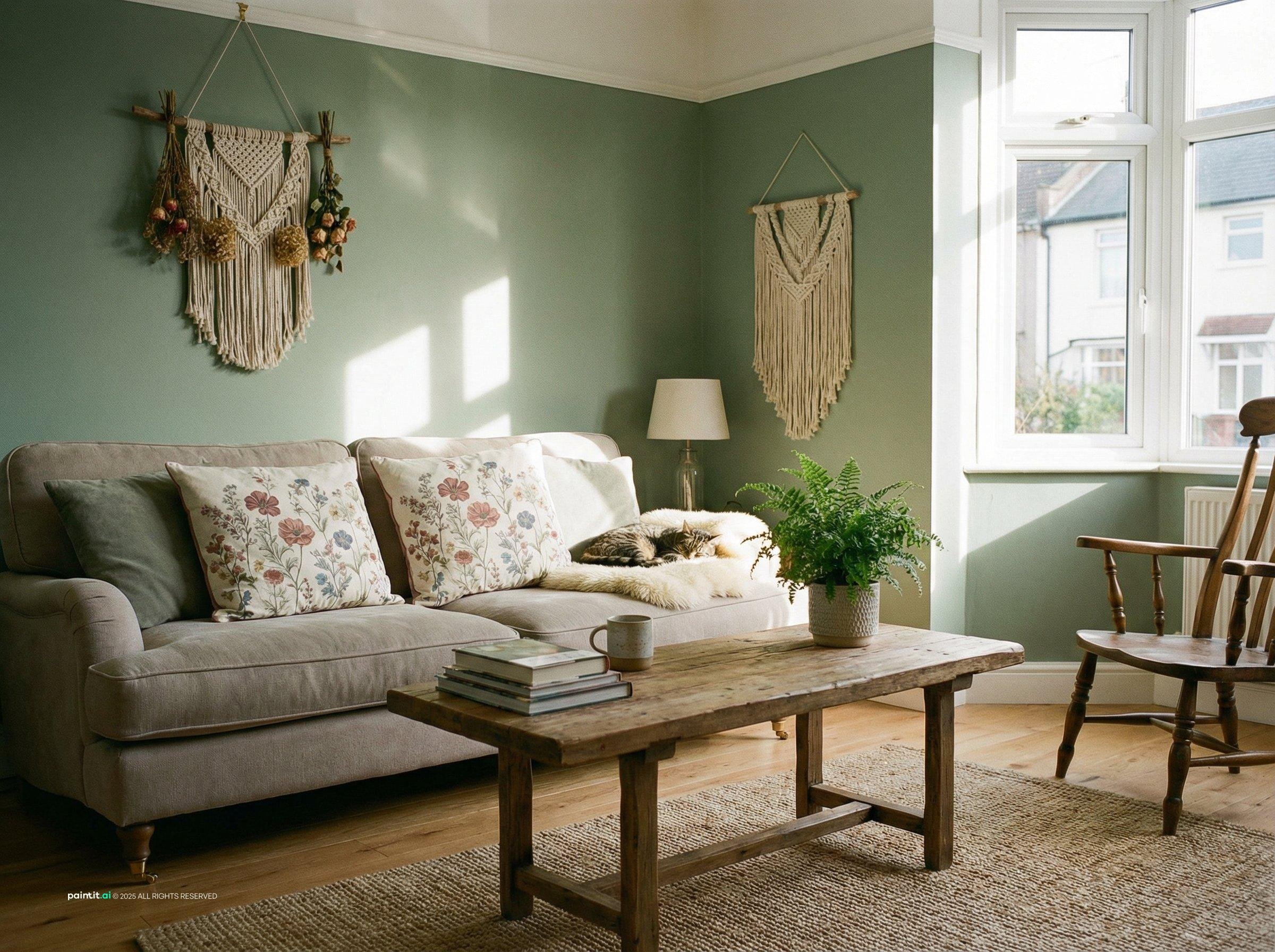 Sage green living room with a grey sofa, floral cushions, a macramé wall hanging and a wooden table