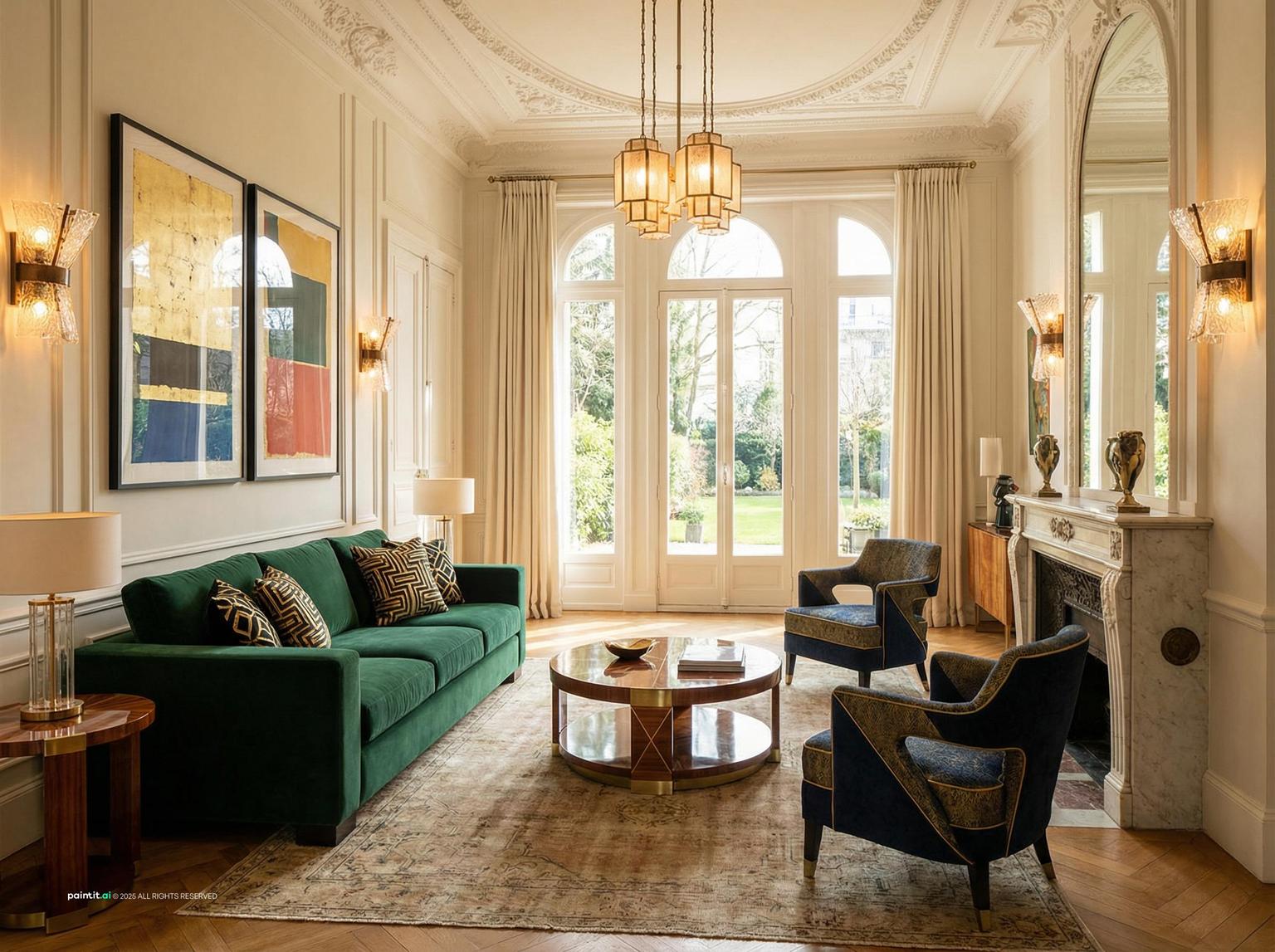 Light living room with tall windows, dark green sofas, a chandelier and geometric details