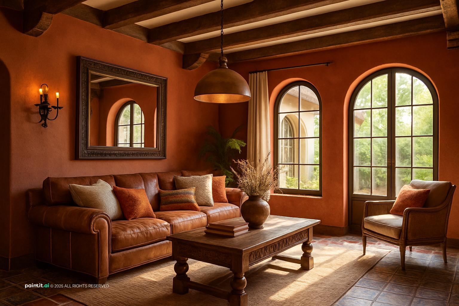 California Mission style interior design visual reference 3: wrought-iron lighting and rustic furniture