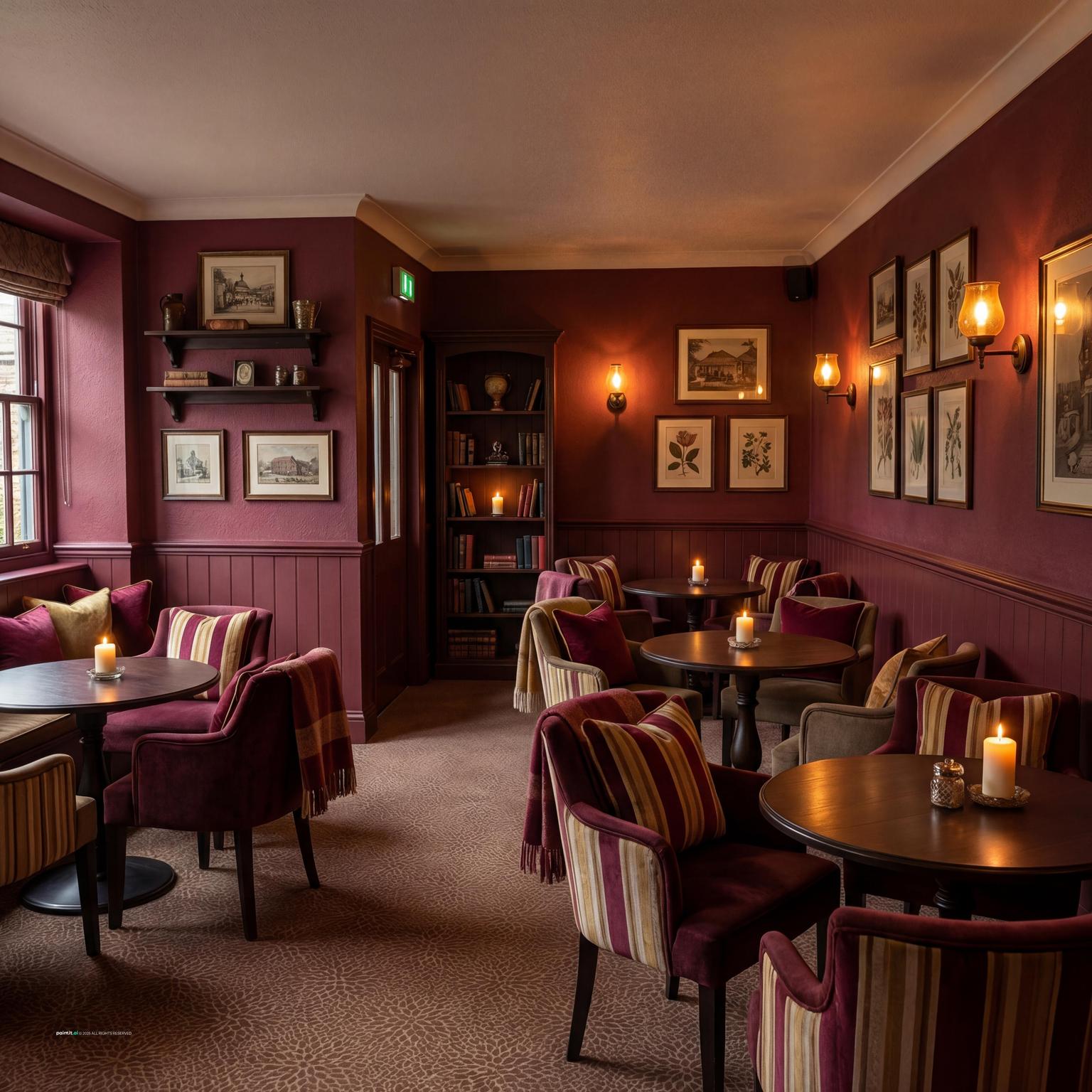 Cozy pub lounge with burgundy walls, wall sconces, upholstered chairs and small round tables