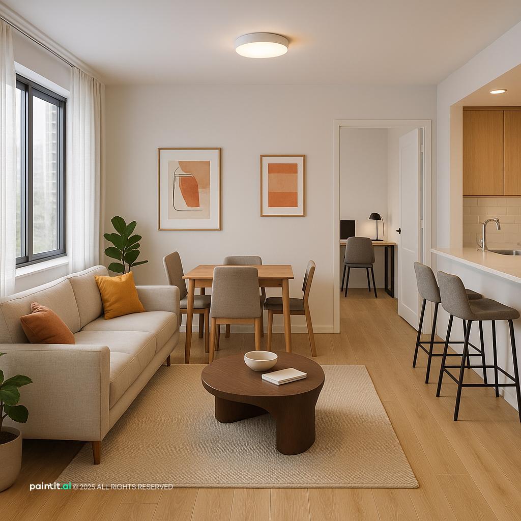 Stylish Minimalistic Apartment Design with lighting and windows and a calm living room atmosphere.
