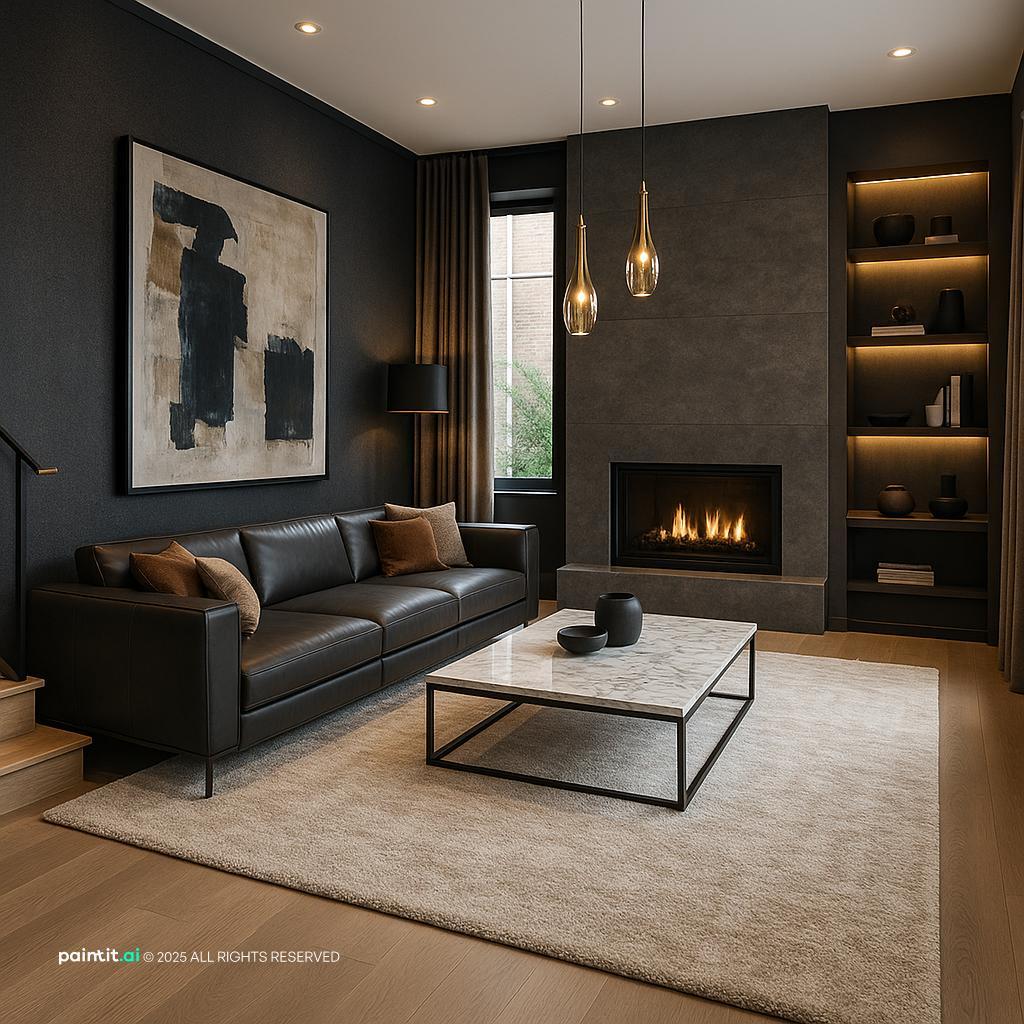 Living room with a black accent wall, a black leather sofa, a fireplace and lit shelving