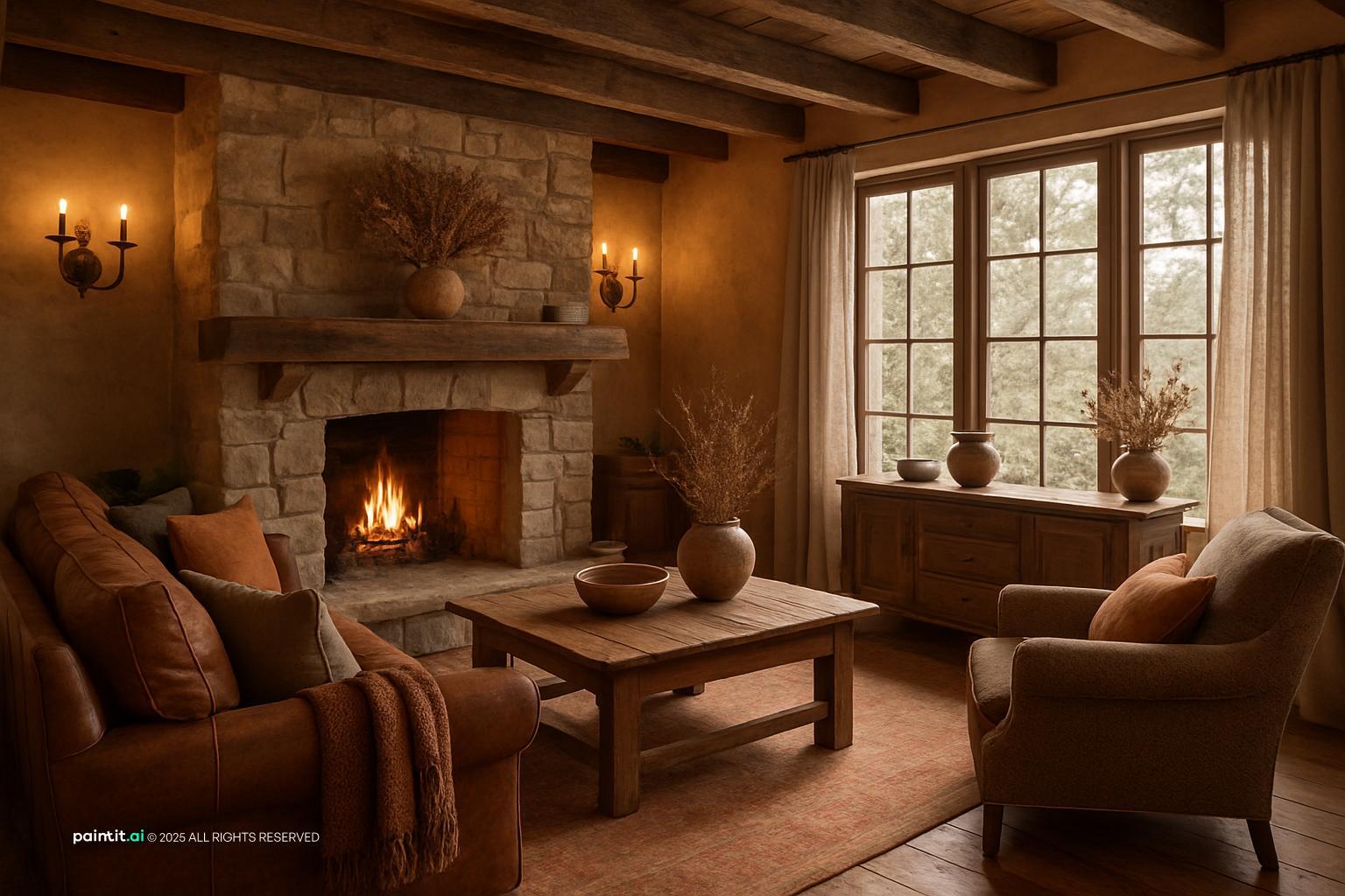 Room with a stone fireplace, a timber-beamed ceiling, warm leather seating and earthy tones