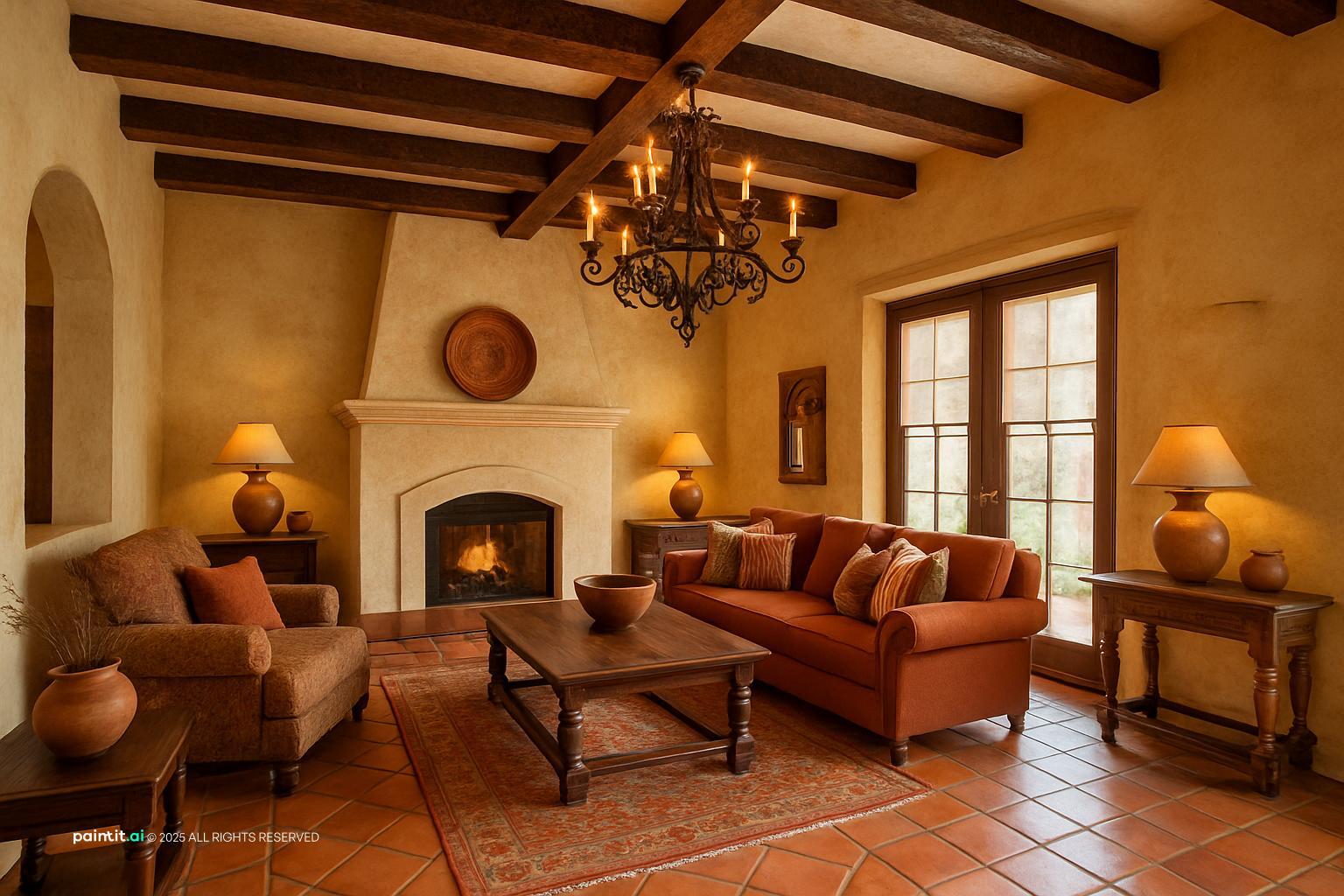 New Mexico Southwestern interior with adobe terracotta turquoise textiles and exposed beams 11