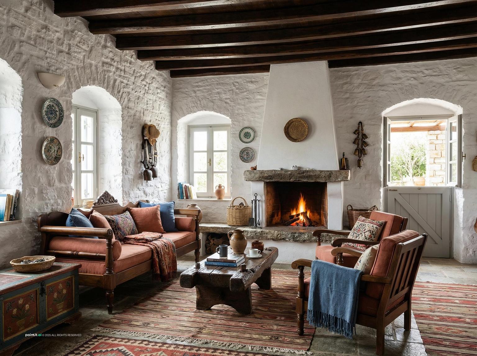 Greek house living room with exposed stone walls, a white plaster fireplace, dark beams and red sofas