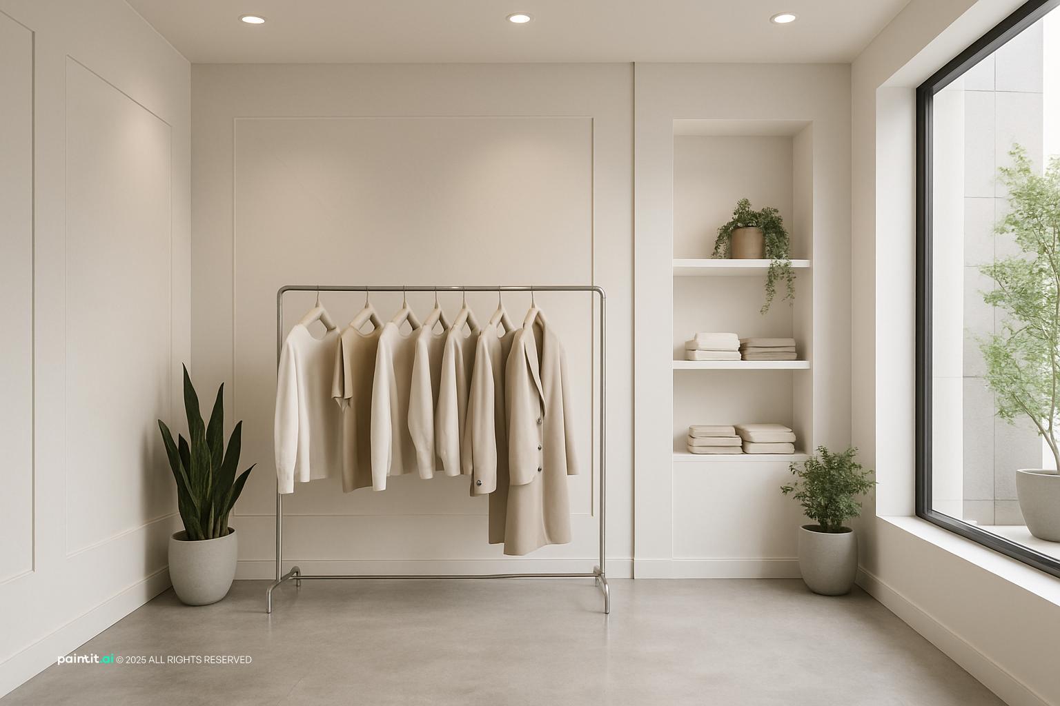 Minimalist clothing store with one rail of neutral garments, white walls and a large window