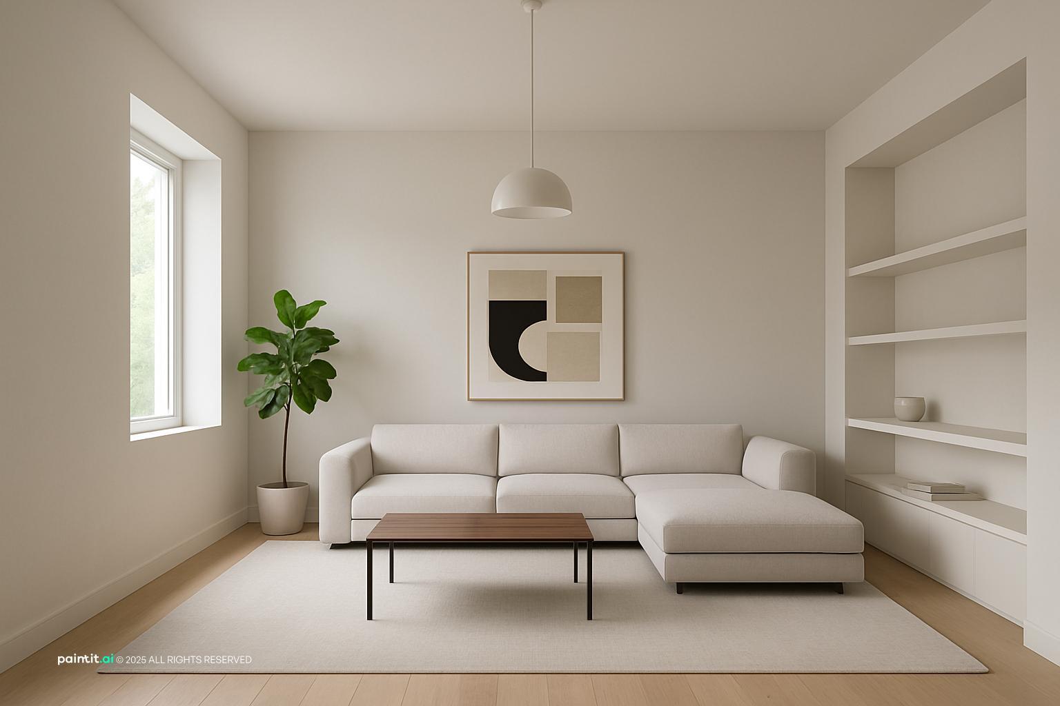 Modern minimalist wine red living room transformation, neutral palette with sleek, low-profile modular sofa.