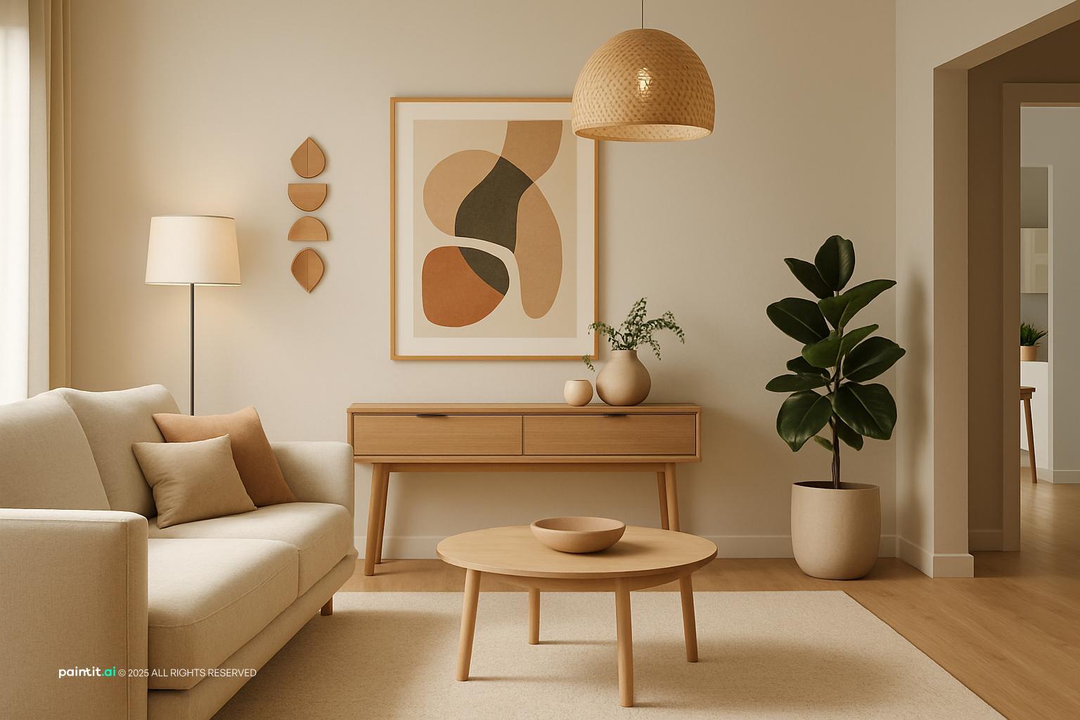 Earthy living room with sand walls, a beige sofa, a wooden console and earth-tone art