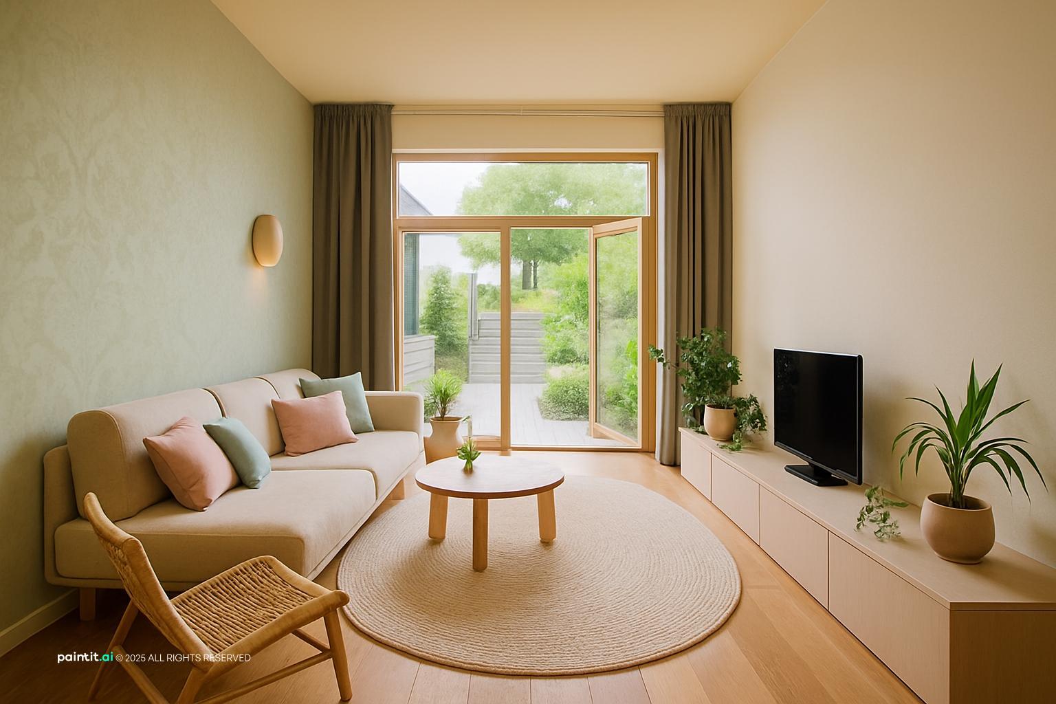 Japandi living room with a low sofa, a round wooden table, soft blush accents and garden doors