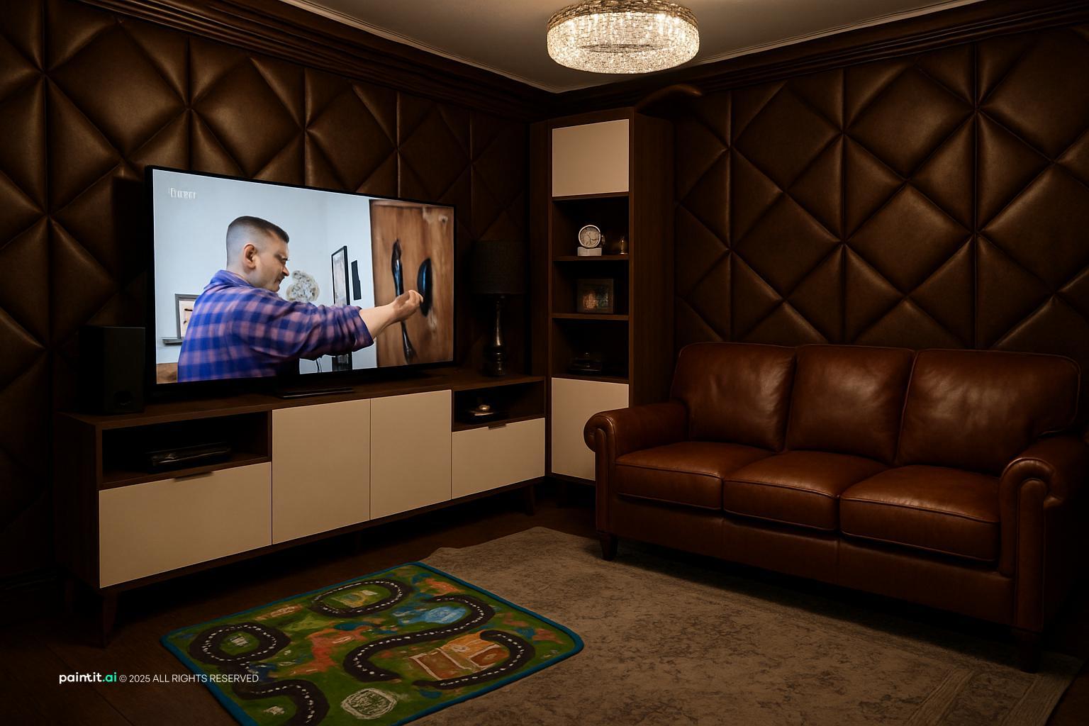 Media room with a cognac sofa and a quilted leather wall panel
