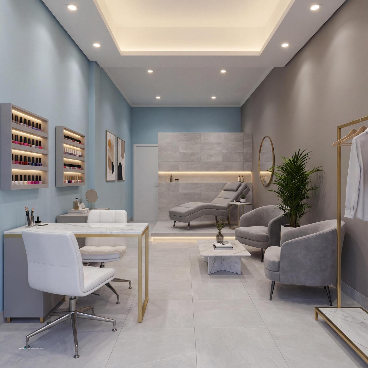 Beauty salon with blue and grey walls, white treatment chairs, product shelves and grey lounge chairs