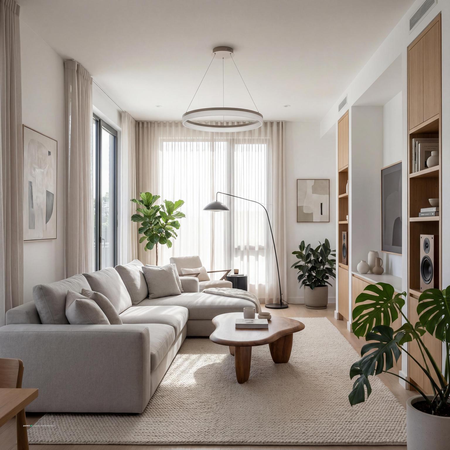 Elegant contemporary living room design for 2025, featuring sophisticated built-in storage, custom display niches, and refined finishes.