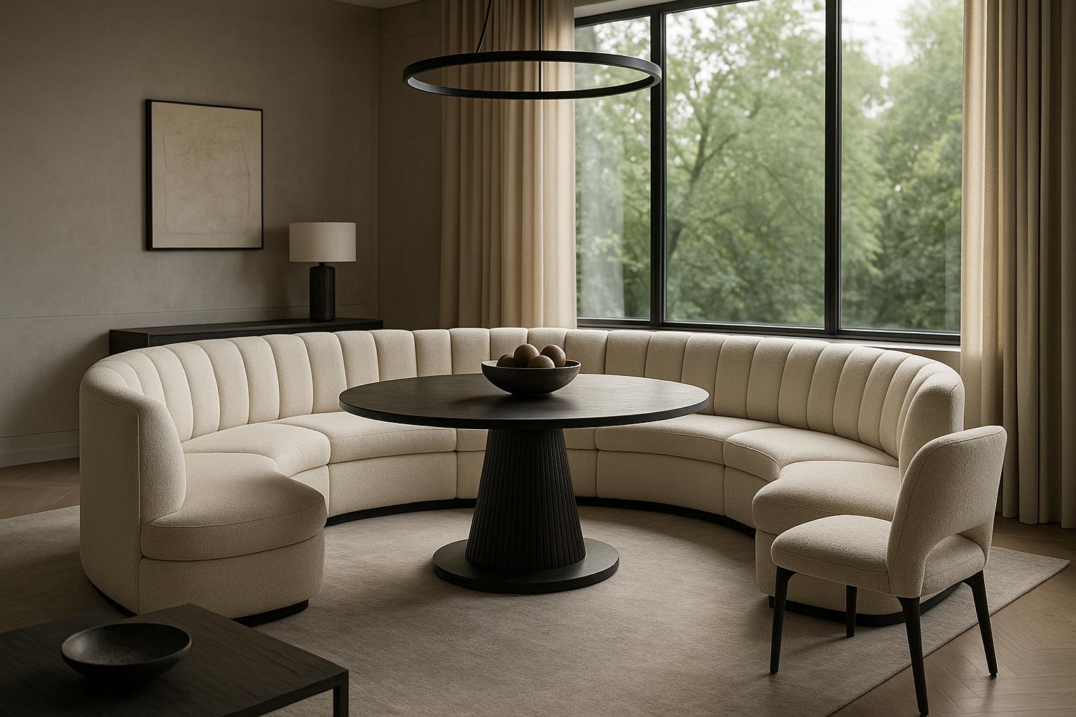 Modern high-end living room with central banquet seating, featuring integrated built-in storage beneath, sleek finishes, and custom cabinetry.