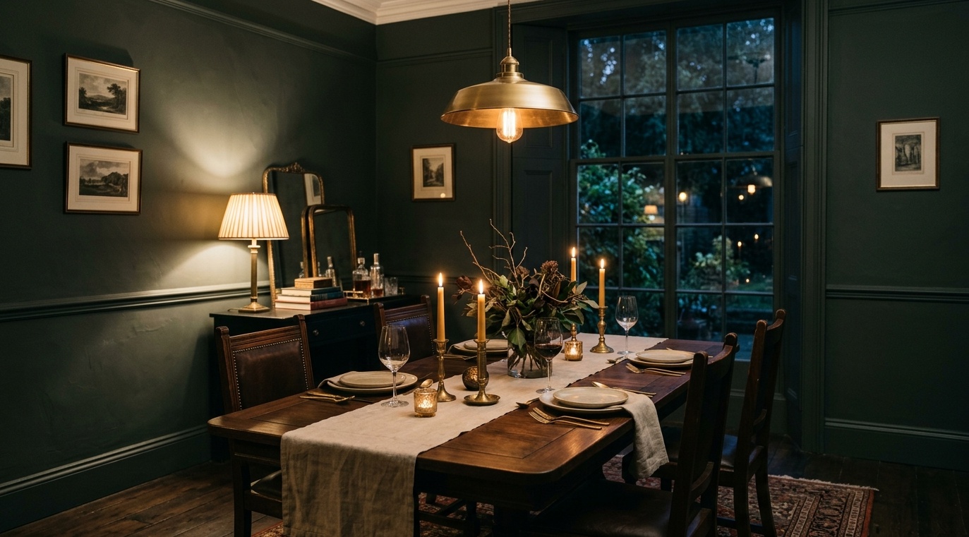 moody dining room with deep charcoal-green walls