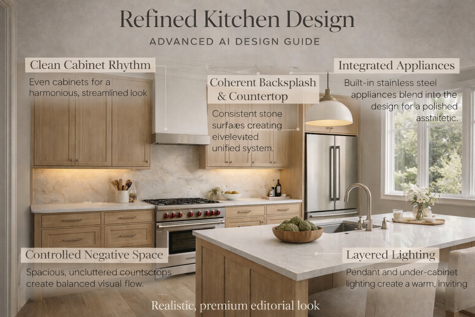 Advanced kitchen design techniques shown in a clean tutorial visual