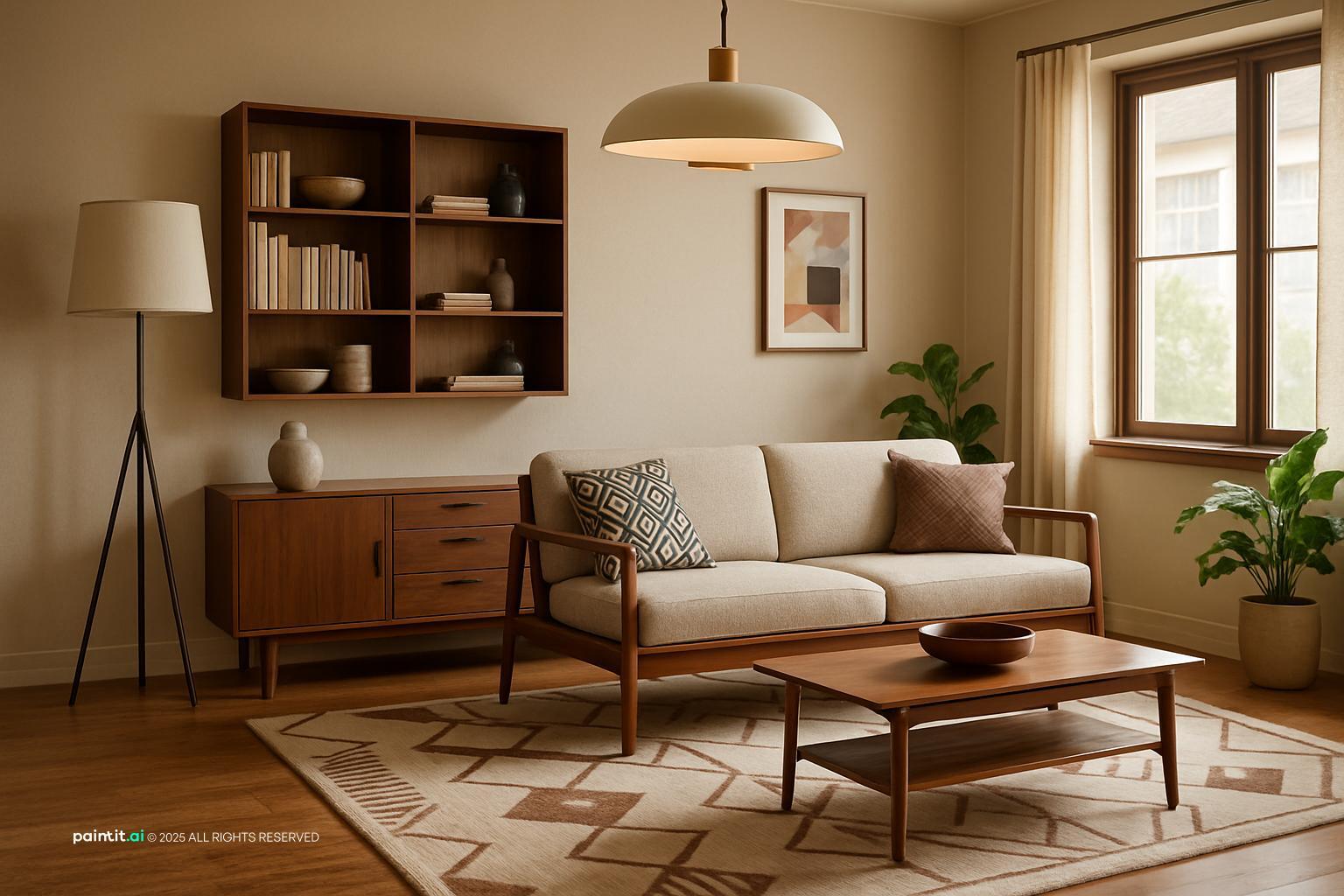Mid century living room with wall shelves, a dome pendant, a cream sofa and a teak sideboard