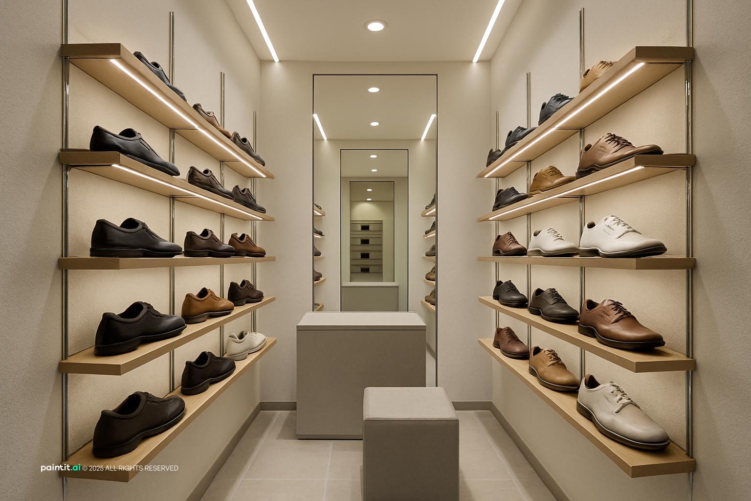 Narrow footwear shop with shoes on shelves along both walls
