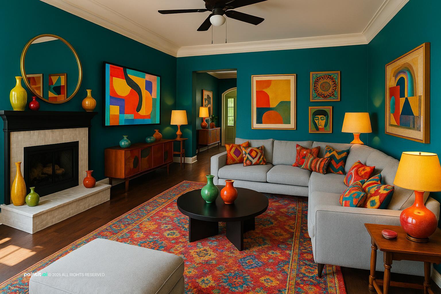 Light grey sectional in a teal living room with colourful art, red rug and a fireplace