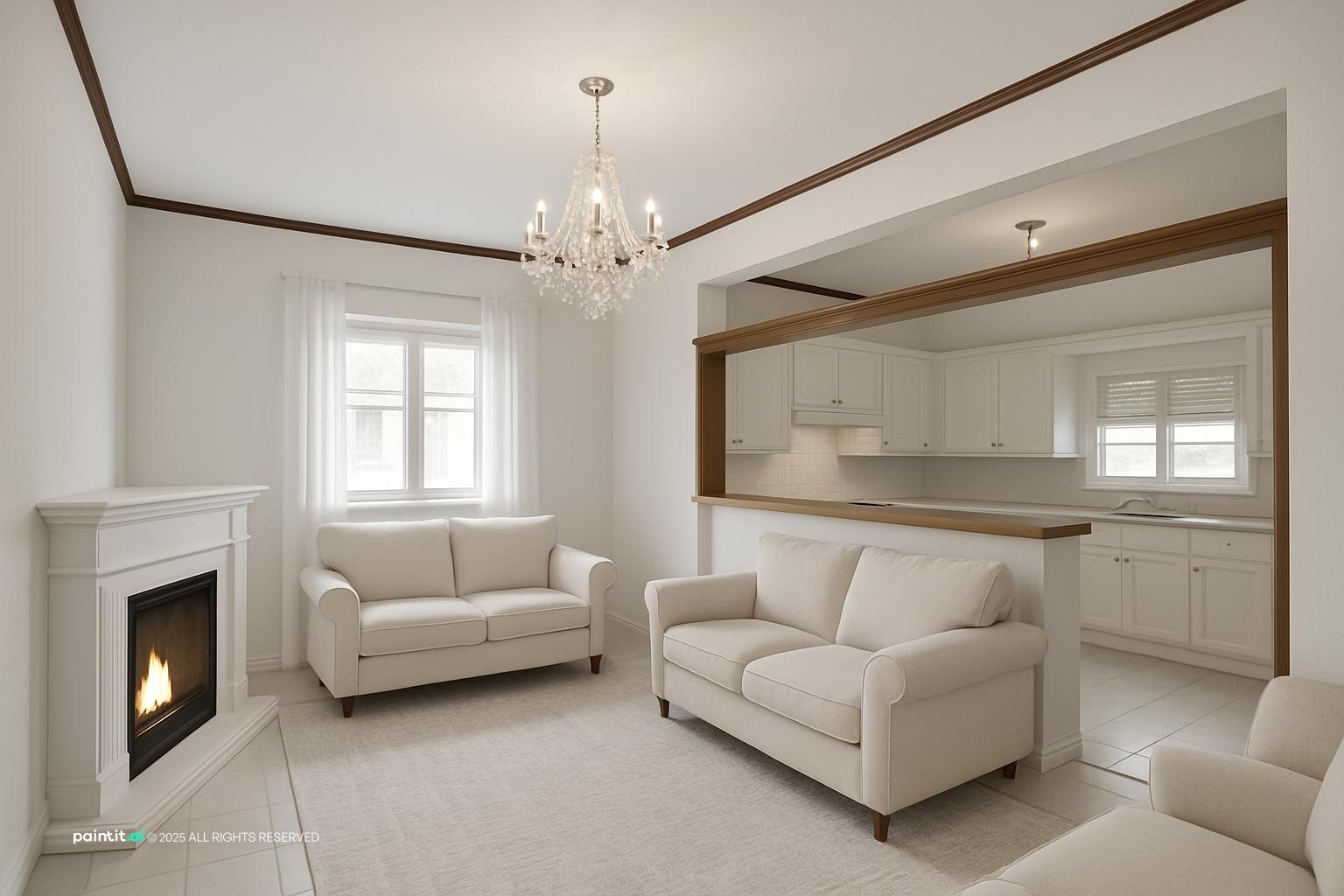 Living room with two white sofas, a white fireplace and an open kitchen with off-white cabinets
